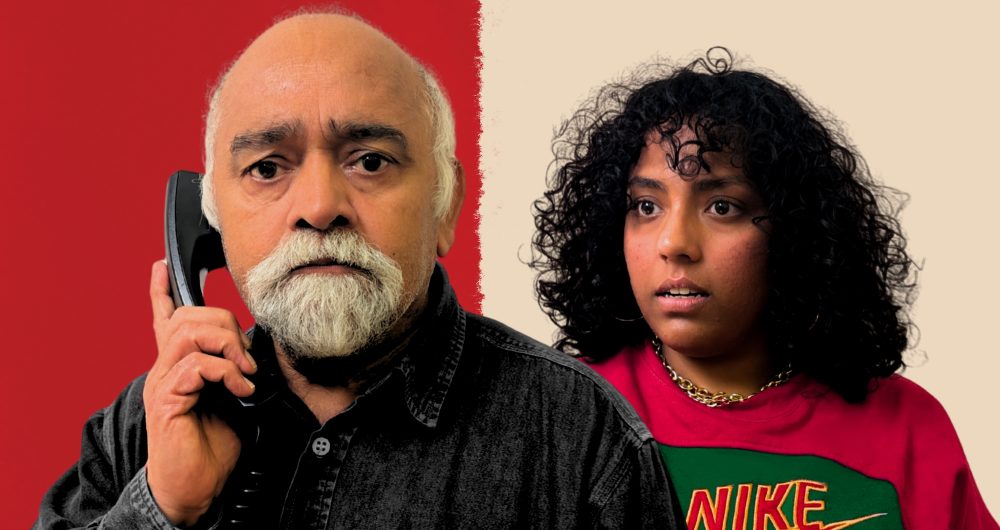 Camdenwalla theatre poster featuring a man and woman, Camden People’s Theatre London production about the Bengali community and Camden Monitoring Project